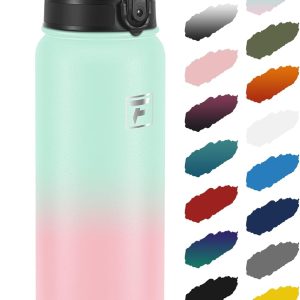 Fanhaw 32 oz Insulated Stainless Steel Water Bottle with Anti-Dust Chug Lid. Leakproof Vacuum Sports Bottle for Kids. Teens & Adults. Back to School Essentials (Green Pink) : Sports & Outdoors