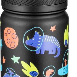 Fanhaw 14 Oz Kids Insulated Water Bottle with Straw - Stainless Steel Double Wall Vacuum Cup. Leakproof. BPA Free. Suitable for Boys and Girls(Black - Space Dinasour) : Sports & Outdoors
